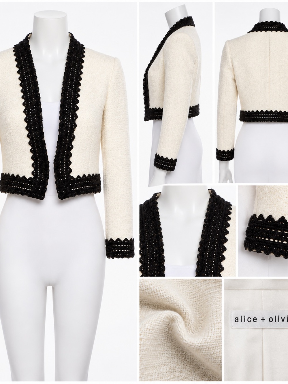 Alice + Olivia Cream Black Trim Cropped Evening Jacket Size 6